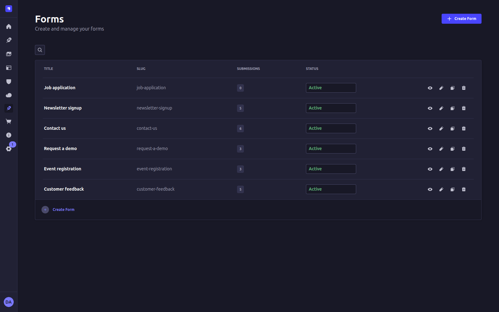 FormFlow forms list in the Strapi admin
