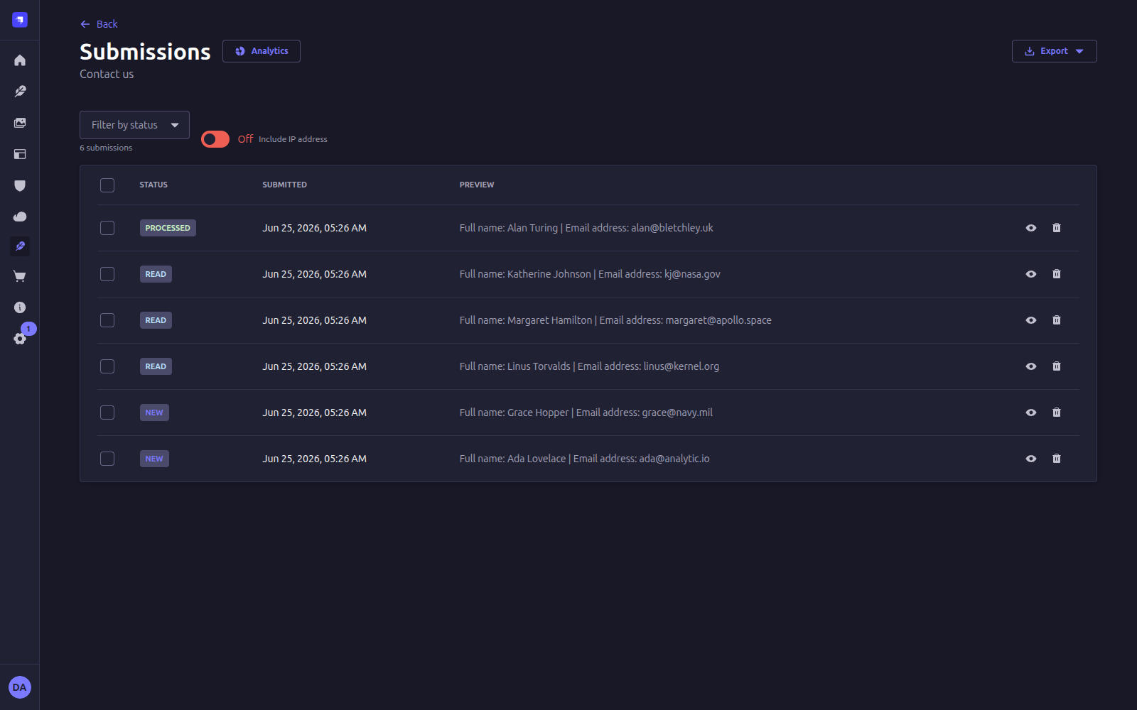 FormFlow submission inbox with status badges