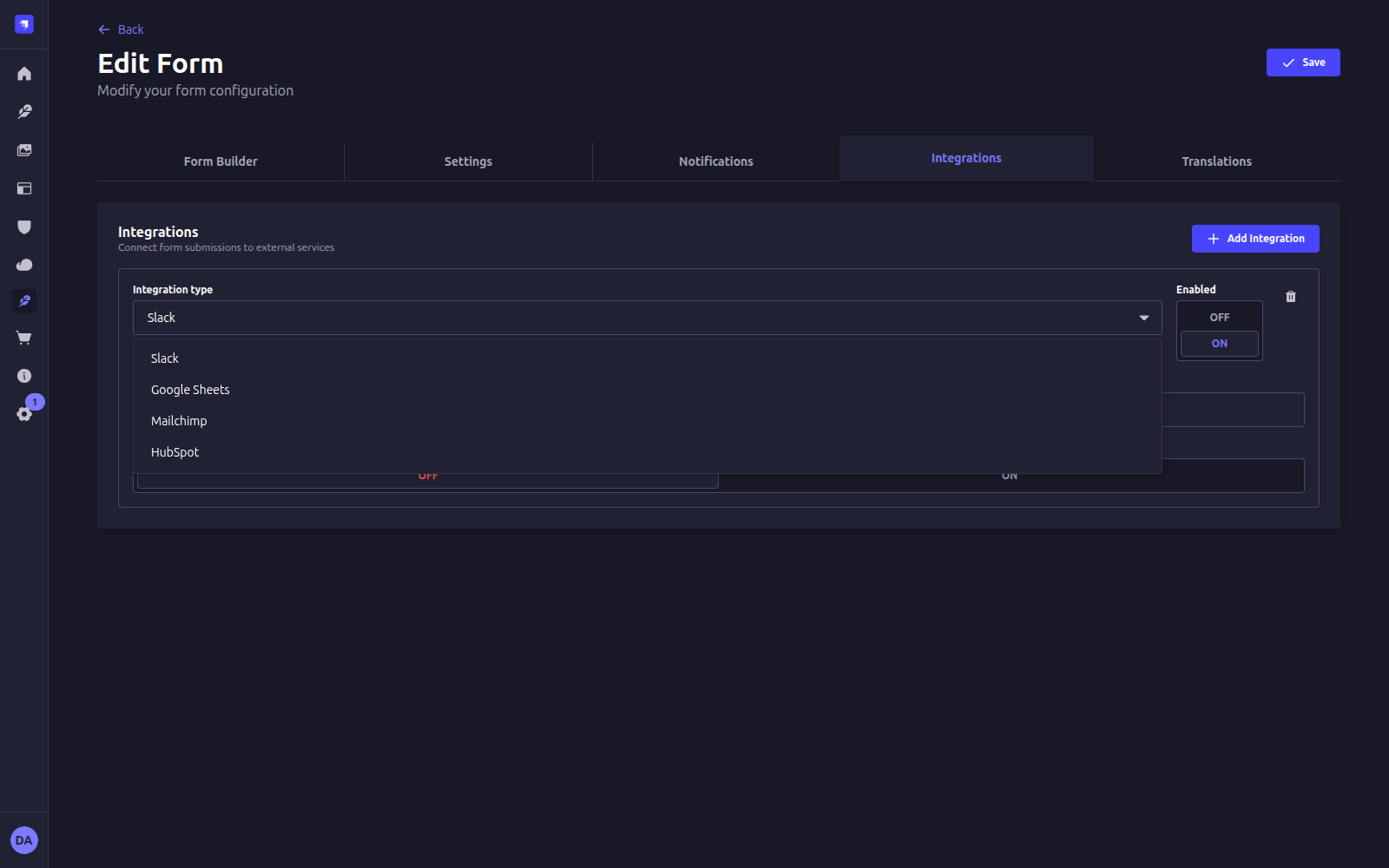 FormFlow integration picker showing connected services